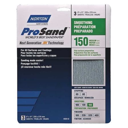 Norton Abrasives Sandpaper Sheet, Fine, 150 Grit, PK3 07660768160