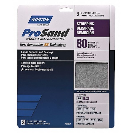Norton Abrasives Sandpaper Sheet, Med., 80 Grit, PK3 07660768163