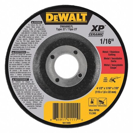 Dewalt 4-1/2" x 1/16" x 7/8" Type 27 Metal / Stainless Cutting Wheel DWA8957L