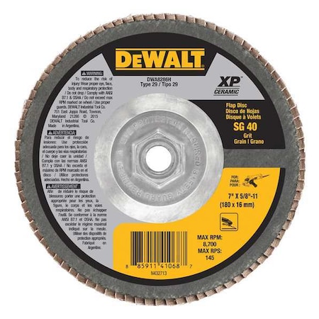 Dewalt 7" x 5/8"-11 40G T29 XP CER FLAP DISC DWA8286H