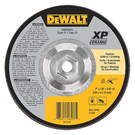 Dewalt Abrasive Cut-Off Wheel, Type 27, 7 in Dia, 0.125 in Thick, 5/8"-11 Arbor Hole Size, Ceramic DWA8925
