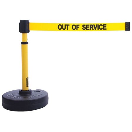 Banner Stakes Barrier Post with Belt, Yellow, 15 ft Length, 22 in to 42 in Adjustable Post Height, Out of Service PL4089