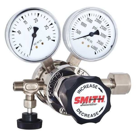 Smith Equipment High Purity Gas Regulator, Argon, Helium, Nitrogen, Two Stage, 1/4 in Inlet, 9/16"-18 Outlet 120-8400