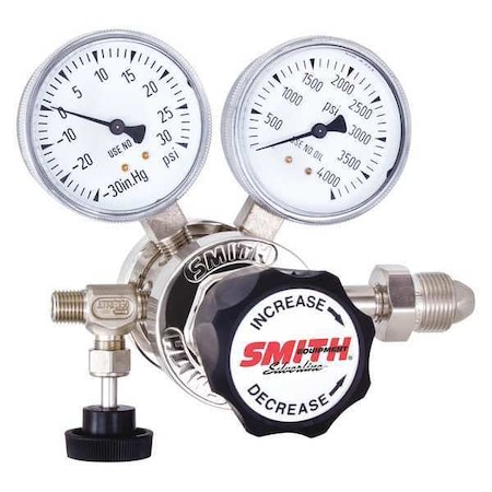 Smith Equipment High Purity Gas Regulator, Argon, Helium, Nitrogen, Two Stage, 0.965"-14 Inlet, 1/4 in Outlet 223-0309