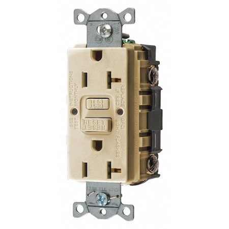 Hubbell Wiring Device-Kellems GFCI Receptacle: Duplex, 1 Phase, NEMA 5-20R, 125V AC, 20 A, 2 Poles, Screw Terminals, Ivory GFR20I