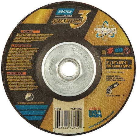 Norton Abrasives Depressed Center Grinding Wheel, Type 27, 5 in Dia, 0.25 in Thick, 5/8"-11 Arbor Hole Size, Ceramic 66253370795