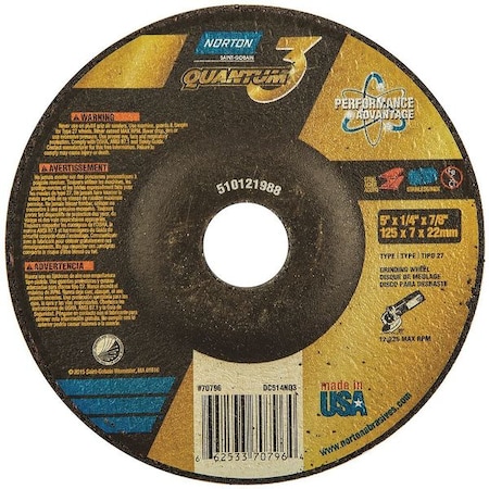 Norton Abrasives Depressed Center Grinding Wheel, Type 27, 5 in Dia, 0.25 in Thick, 7/8 in Arbor Hole Size, Ceramic 66253370796