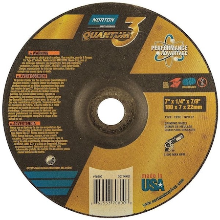 Norton Abrasives Depressed Center Grinding Wheel, Type 27, 7 in Dia, 0.25 in Thick, 7/8 in Arbor Hole Size, Ceramic 66253370800