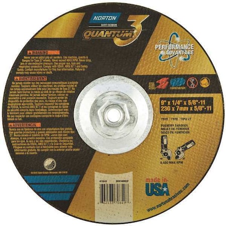 Norton Abrasives Depressed Center Grinding Wheel, Type 27, 9 in Dia, 0.25 in Thick, 5/8"-11 Arbor Hole Size, Ceramic 66253370849