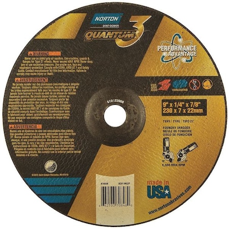 Norton Abrasives Depressed Center Grinding Wheel, Type 27, 9 in Dia, 0.25 in Thick, 7/8 in Arbor Hole Size, Ceramic 66253370848