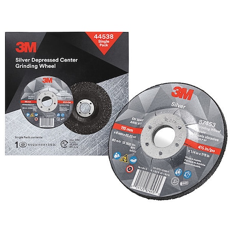 3M Depressed Center Grinding Wheel, Type 27, 4 1/2 in Dia, 0.25 in Thick, 7/8 in Arbor Hole Size 44538