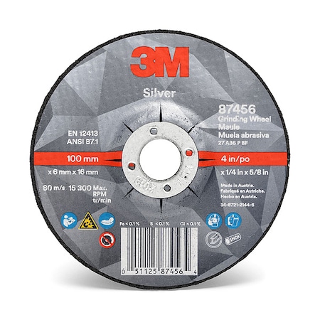 3M Depressed Center Grinding Wheel, Type 27, 6 in Dia, 0.25 in Thick, 7/8 in Arbor Hole Size, Ceramic 87450