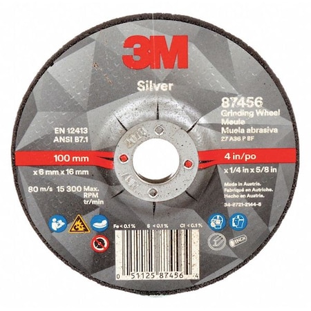 3M Depressed Center Grinding Wheel, Type 27, 4 in Dia, 0.25 in Thick, 5/8 in Arbor Hole Size, Ceramic 87456