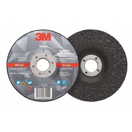 3M Depressed Center Grinding Wheel, Type 27, 5 in Dia, 0.25 in Thick, 7/8 in Arbor Hole Size, Ceramic 87454