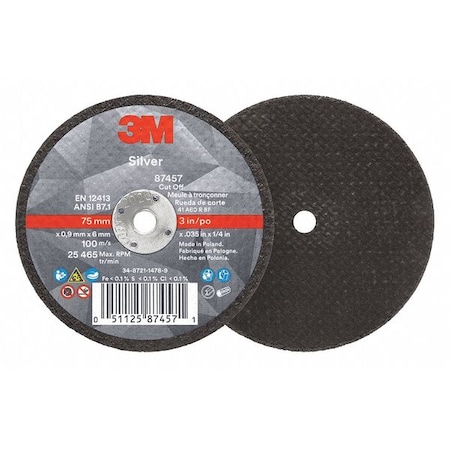 3M Abrasive Cut-Off Wheel, Type 1, 3 in Dia, 0.035 in Thick, 1/4 in Arbor Hole Size, Ceramic, 60 Grit 87457