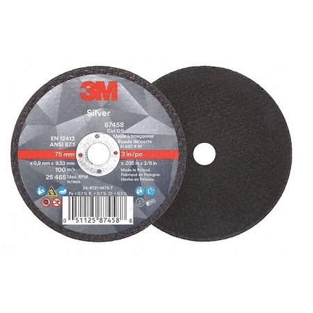 3M Abrasive Cut-Off Wheel, Type 1, 3 in Dia, 0.035 in Thick, 3/8 in Arbor Hole Size, Ceramic, 60 Grit 87458