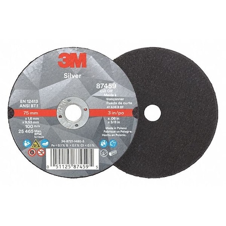 3M Abrasive Cut-Off Wheel, Type 1, 3 in Dia, 0.06 in Thick, 3/8 in Arbor Hole Size, Ceramic, 36 Grit 87459
