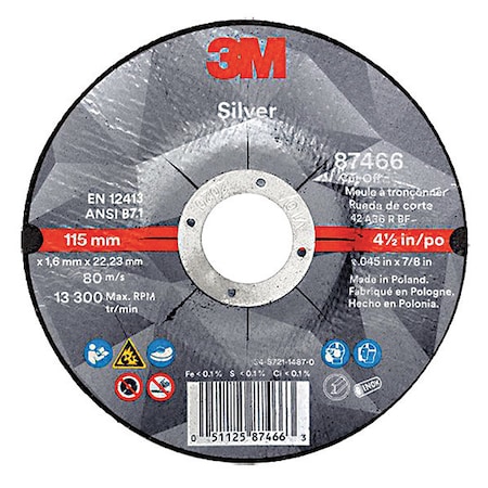 3M Depressed Center Cut-Off Wheel, Type 27, 4 1/2 in Dia, 0.045 in Thick, 7/8 in Arbor Hole Size 87466