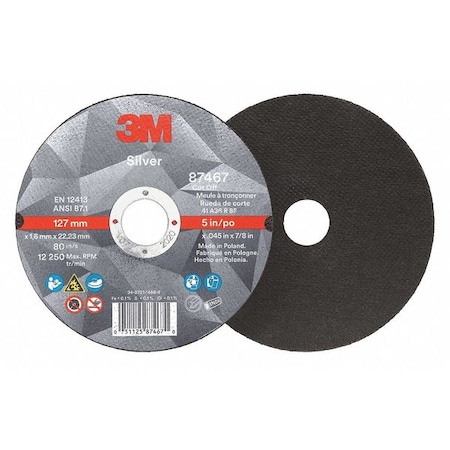 3M Abrasive Cut-Off Wheel, Type 1, 5 in Dia, 0.045 in Thick, 7/8 in Arbor Hole Size, Ceramic, 36 Grit 87467