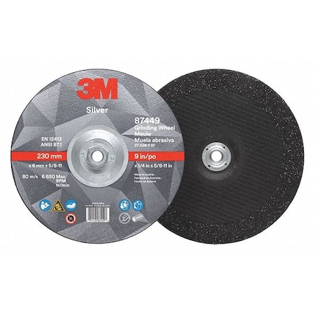 3M Depressed Center Grinding Wheel, Type 27, 9 in Dia, 0.25 in Thick, 5/8"-11 Arbor Hole Size, Ceramic 87449