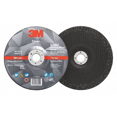 3M Depressed Center Grinding Wheel, Type 27, 7 in Dia, 0.25 in Thick, 7/8 in Arbor Hole Size, Ceramic 87451