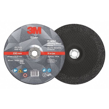 3M Depressed Center Grinding Wheel, Type 27, 9 in Dia, 0.25 in Thick, 7/8 in Arbor Hole Size, Ceramic 87452