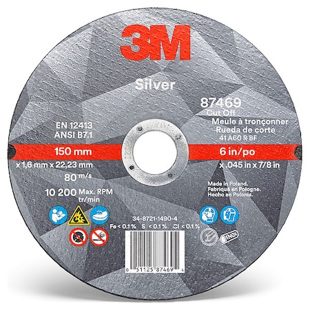 3M Abrasive Cut-Off Wheel, Type 1, 6 in Dia, 0.045 in Thick, 7/8 in Arbor Hole Size, Ceramic, 60 Grit 87469