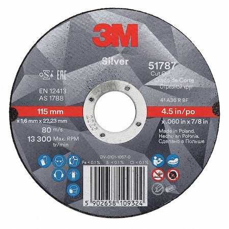 3M Depressed Center Cut-Off Wheel, Type 27, 6 in Dia, 0.045 in Thick, 7/8 in Arbor Hole Size, Ceramic 87470