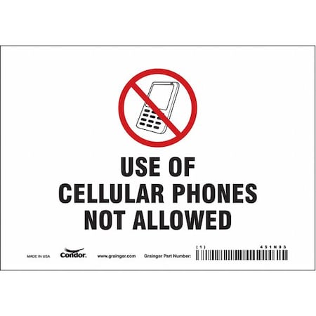 Condor Safety Sign Cell Phone, 5 in H, 7 in W, Vinyl, Horizontal Rectangle, English, 451N93 451N93