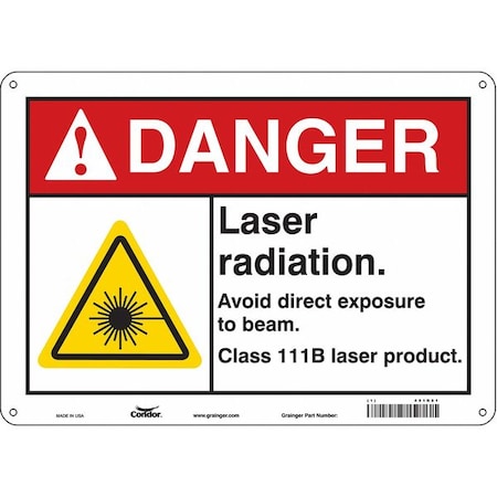 Condor Laser Warning Sign, 10 in H, 14 in W, Aluminum, Horizontal Rectangle, 451R81 451R81