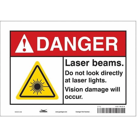 Condor Laser Warning Sign, 7 in H, 10 in W, Vinyl, Vertical Rectangle, 451R59 451R59