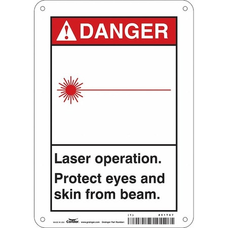 Condor Laser Warning Sign, 10 in H, 7 in W, Polyethylene, Horizontal Rectangle, 451T07 451T07