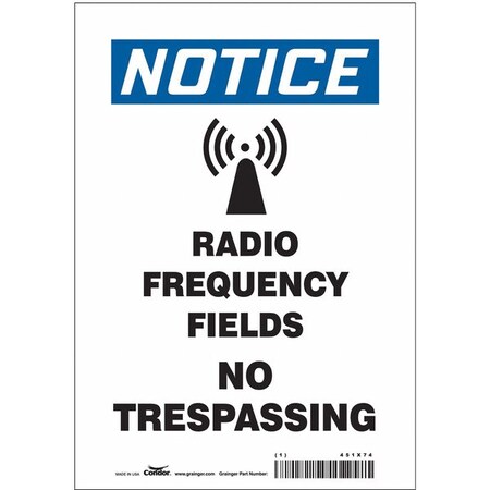 Condor Safety Sign Radiofrequency/ Microwave, 10 in H, 7 in W, Vinyl, Horizontal Rectangle, 451X74 451X74