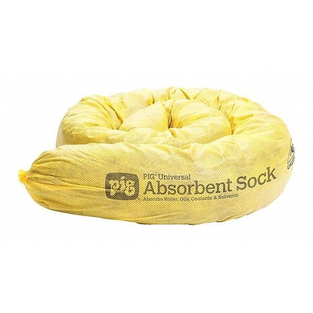 Pig Sorbent Sock, 12 gal, 3 in x 48 in, Water, Yellow, 12 PK PIG105-YW
