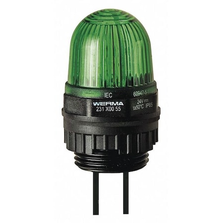 Werma Warning Light, Green, LED, 24V DC, Not Applicable FPM, 1 1/8 in Dia., Panel/Conduit 23120055