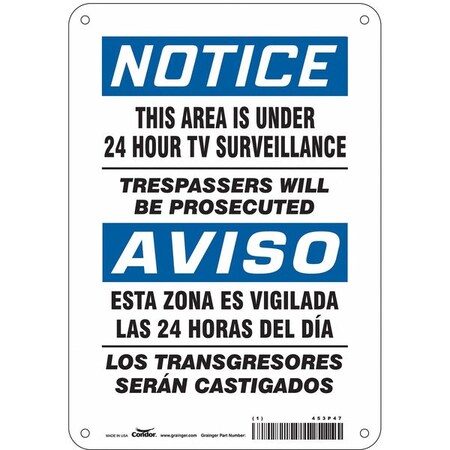 Condor Security Sign, 10 in Height, 7 in Width, Aluminum, Horizontal Rectangle, English, Spanish 453P47