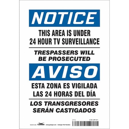Condor Security Sign, 10 in Height, 7 in Width, Vinyl, Horizontal Rectangle, English, Spanish 453P51