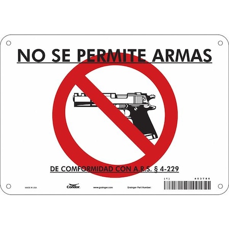 Condor No Concealed Weapons Sign, 7 in Height, 10 in Width, Aluminum, Vertical Rectangle, Spanish 453T86