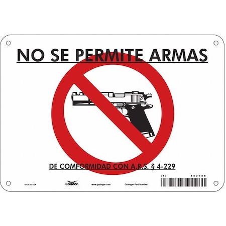 Condor No Concealed Weapons Sign, 7 in Height, 10 in Width, Polyethylene, Vertical Rectangle, Spanish 453T88