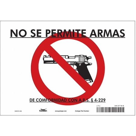 Condor No Concealed Weapons Sign, 7 in Height, 10 in Width, Vinyl, Vertical Rectangle, Spanish 453T90