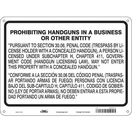 Condor No Concealed Weapons Sign, 18 in Height, 24 in Width, Aluminum, Horizontal Rectangle 453T74