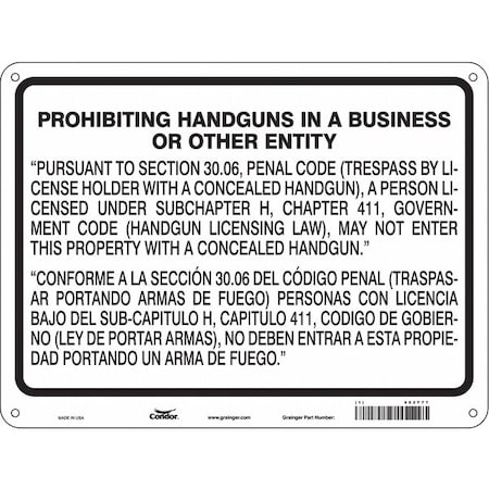 Condor No Concealed Weapons Sign, 18 in Height, 24 in Width, Polyethylene, Horizontal Rectangle 453T77