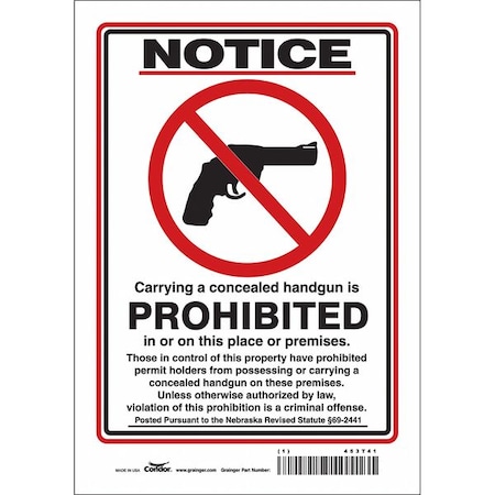 Condor No Concealed Weapons Sign, 10 in H, 7 in W, Vinyl, Horizontal Rectangle, English, 453T41 453T41