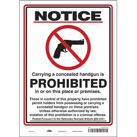 Condor No Concealed Weapons Sign, 14 in H, 10 in W, Vinyl, Vertical Rectangle, English, 453T42 453T42