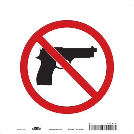 Condor No Concealed Weapons Sign, 10 in Height, 10 in Width, Vinyl, Square, English 453T55