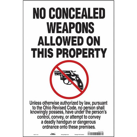Condor No Concealed Weapons Sign, 18 in H, 12 in W, Vinyl, Vertical Rectangle, English, 453T58 453T58