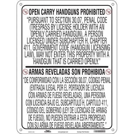 Condor No Concealed Weapons Sign, 24 in Height, 18 in Width, Aluminum, Vertical Rectangle 453T68