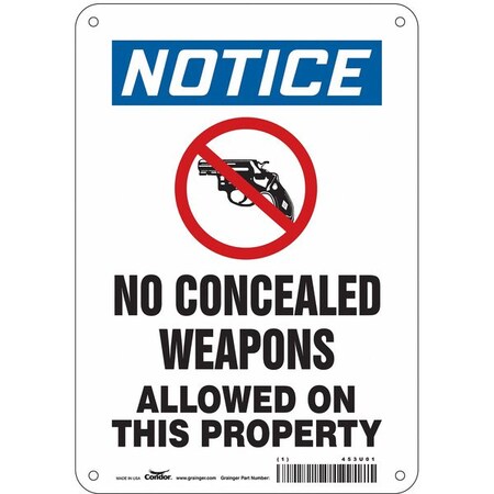 Condor No Concealed Weapons Sign, 10 in H, 7 in W, Aluminum, Horizontal Rectangle, English, 453U01 453U01