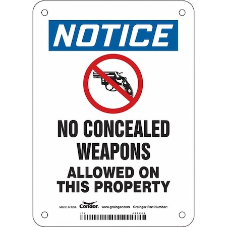 Condor No Concealed Weapons Sign, 7 in H, 5 in W, Polyethylene, Vertical Rectangle, English, 453U05 453U05