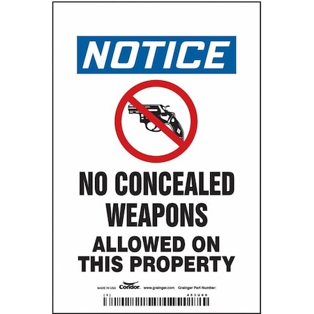 Condor No Concealed Weapons Sign, 6 in Height, 4 in Width, Vinyl, Vertical Rectangle, English 453U09